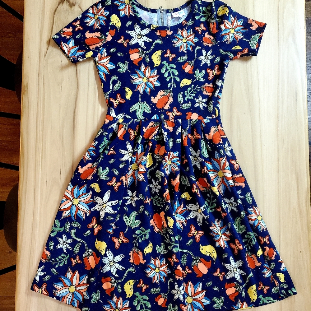 LuLaRoe Fit & Flare Dress, Size Medium, Navy Blue with Bright & Fun Colors